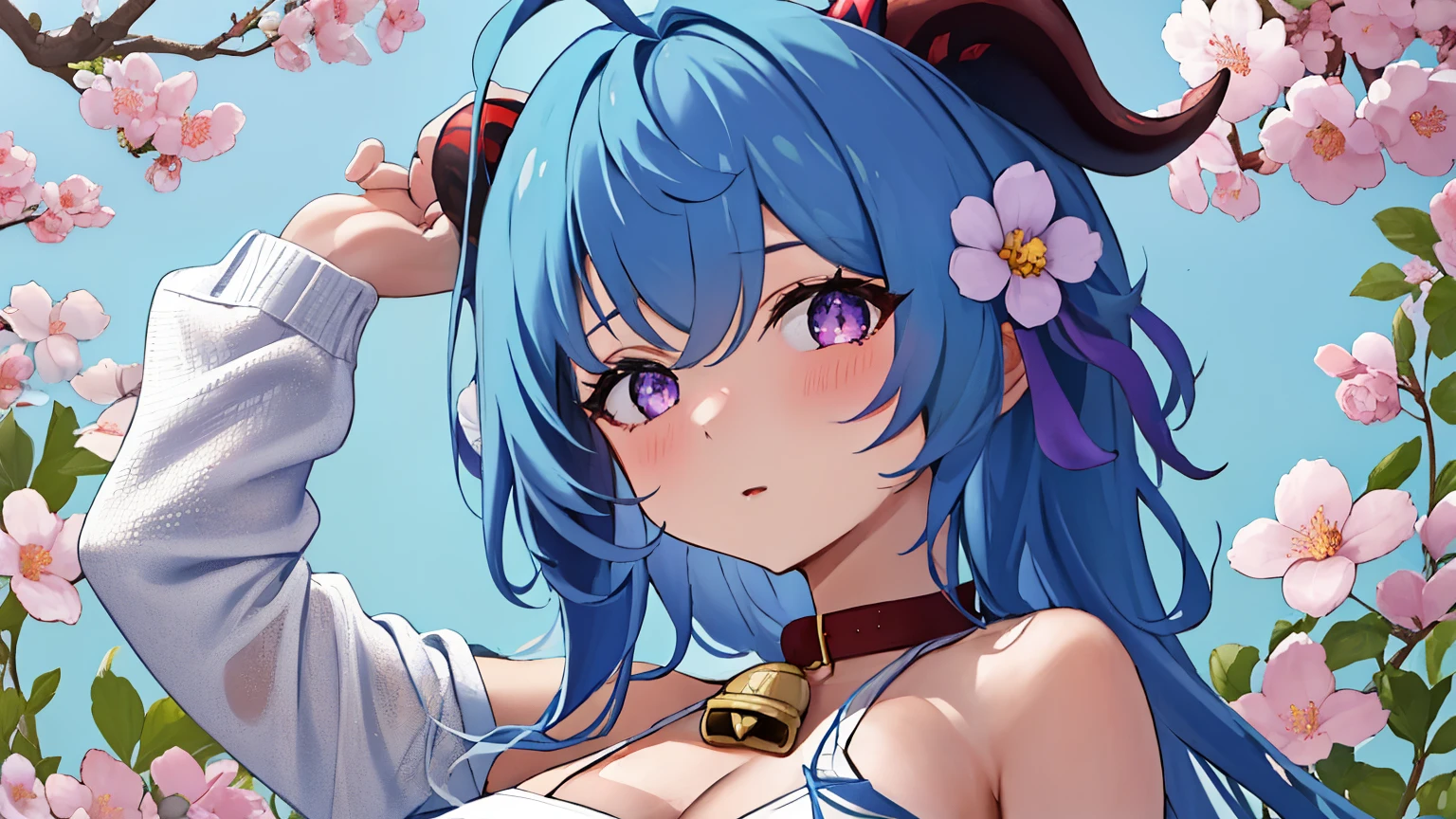 blue_hair, long_hair, bangs, horns, purple_eyes, ahoge, breasts, blush, goat_horns, sidelocks, bell, upper_body, medium_breasts, large_breasts, neck_bell,1girl,solo,short hair, off shoulder, collar bone, look at viewer, perfect fingers, armpit peek, Beautiful flowers bloom, (sparkles), (There is a blooming sakura)，standing under a tree, (head looking up), Look at the tree, Natural soft light, macaron, Still ethereal, Crisp and smooth lines, radiant morning light, soft luminescent glow, casual clothes