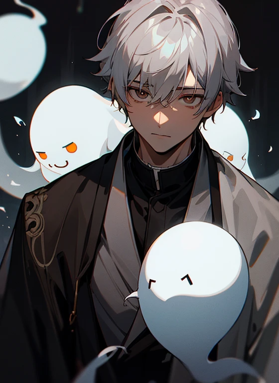ghost、gray hair、white eyes、brown skin、one person、male、dark atmosphere