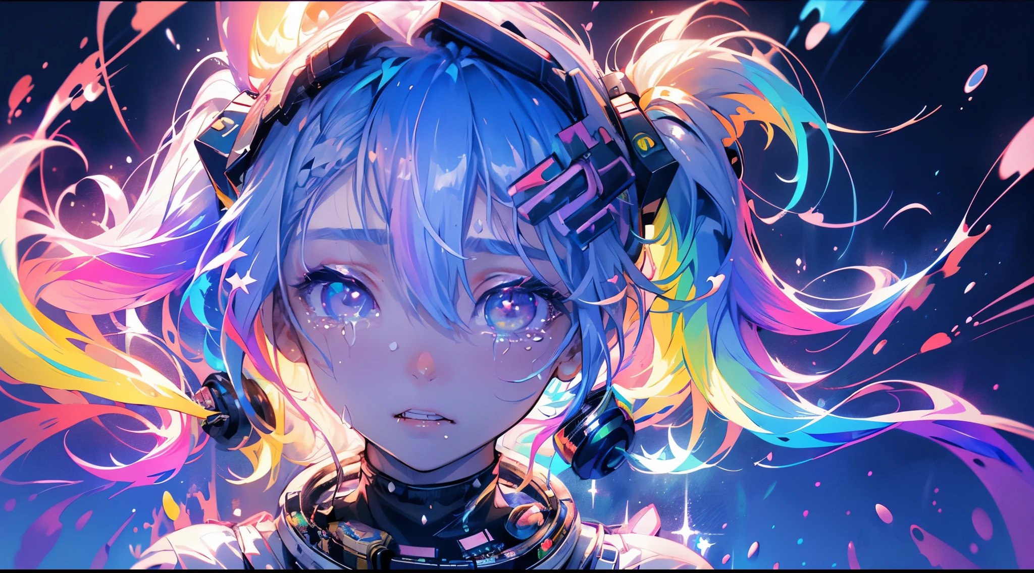 hair bobbles, wince, long eyelashes, solid circle eyes, light smile, ear blush, fang, (((rainbow hair))), makeup, blush, sad, sad smile, drop shadow, anaglyph, atmospheric perspective, 8k, super detail, accurate, best quality, (cyberpunk), bright lighting, masterpiece,1girll, ((((short twintails)))), Colorful hair, flying, pink bows,((16-year-old female model)), (angel halo) , eye level shot, (((astronaut))), (((wide shot))), ((((( color splash ))))), (((ltech savy)))