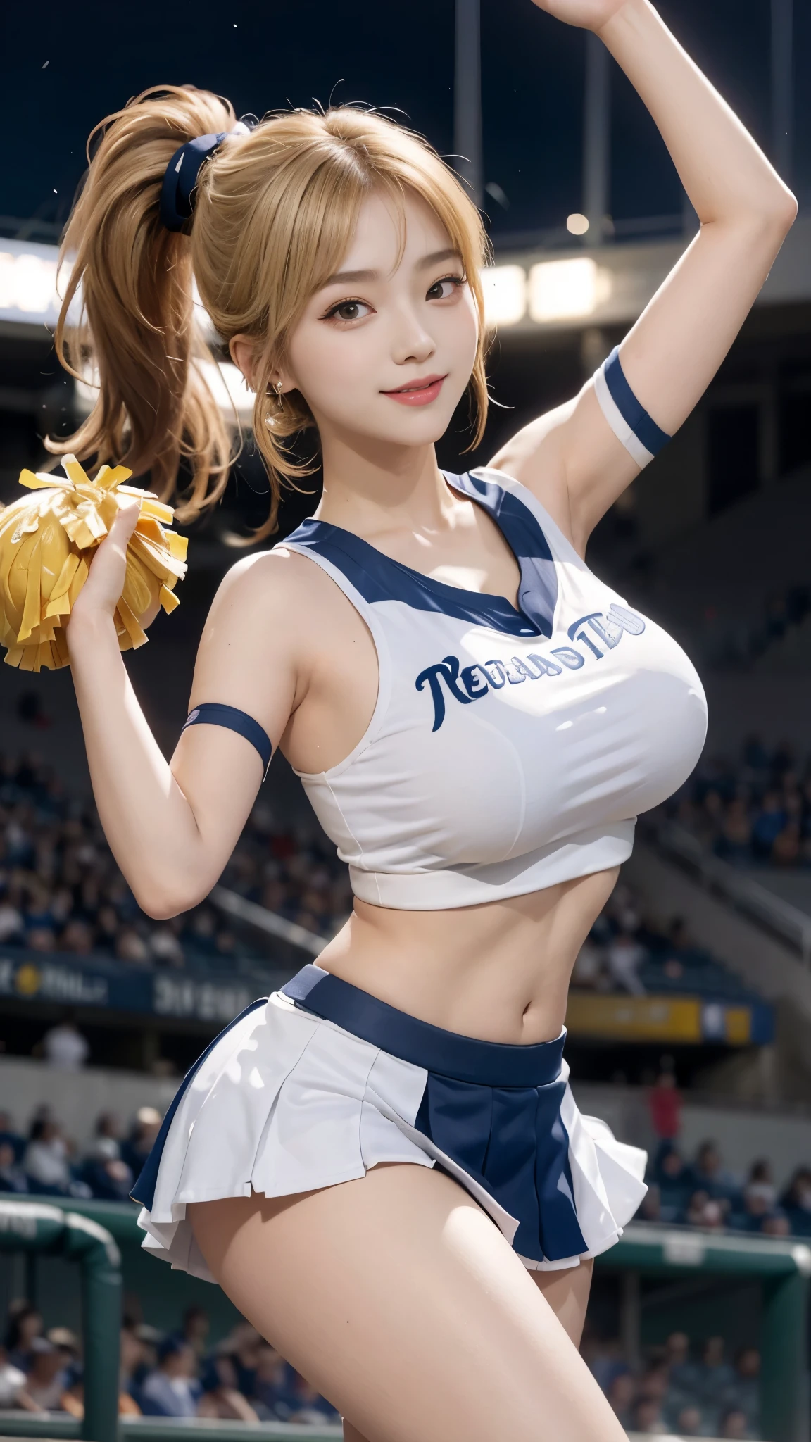 17 year old cool Korean, Large, round breasts, split, cheerleader, baseball team cheerleader, skirt, beautiful eye details, eyelash, beautiful double eyelids, eye shadow, narrow eyes, Perfect eye makeup, seduct smile, beautiful thin legs, bright blonde, Bob Carter, ponytail, Various hairstyles, earrings, stand at the baseball stadium at night, night,Show breasts,exposing her chest,Show breasts,Show breasts,exposing her chest,huge