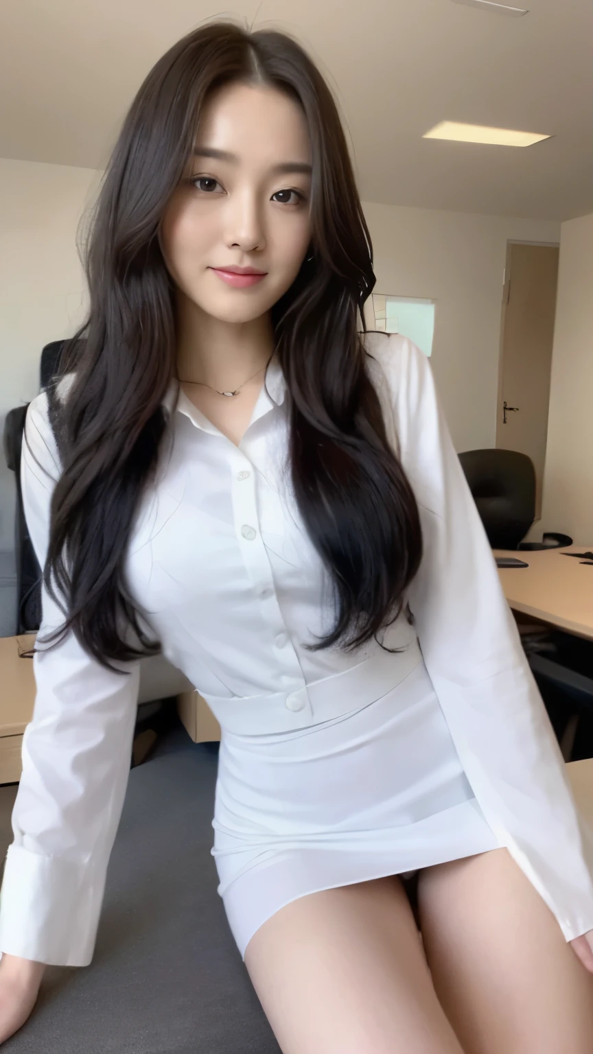 ((top-quality、8k、masterpiece:1.3))、Beautiful woman with perfect body:1.4、slim abdomen:1.2、Longhair, normal breast, Highly detailed facial and skin texture, A detailed eye, (smile), (full body shot), ((mordern office)), (sitting on the chair), (((wearing white office uniform), looking in front