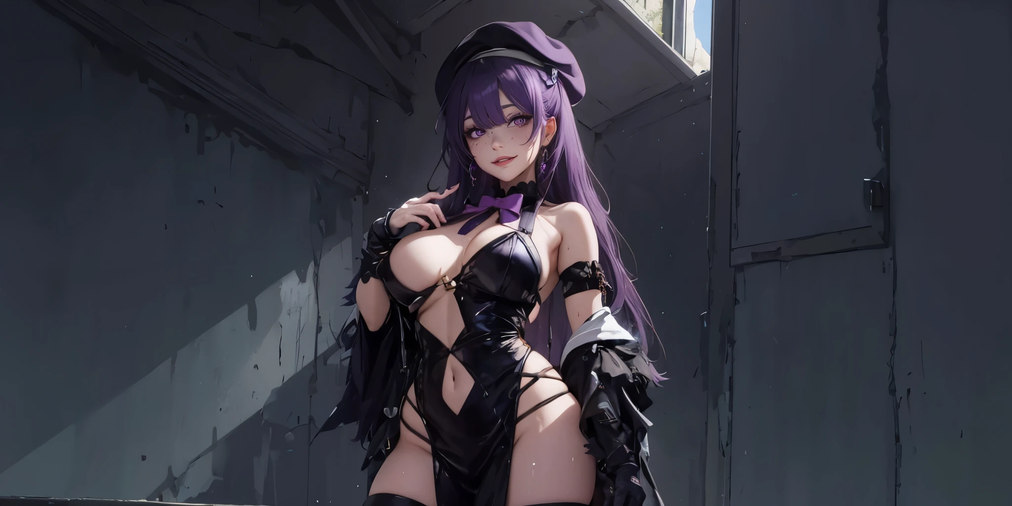 anatomically correct, best quality, masterpiece, high quality, high details, highres, HD, (shaded face:1.2), hollow eyes, purple eyes, looking at viewer, heavy breathing, smirk, upper teeth, purple hair, long hair, huge breast, 1girl, hat, window, solo, breasts, bow, looking_at_viewer, hair_bow, indoors, beret, bangs, long_sleeves, upper_body, large_breasts, dangerousbeast, elbow gloves, gloves, sweating, wet,
