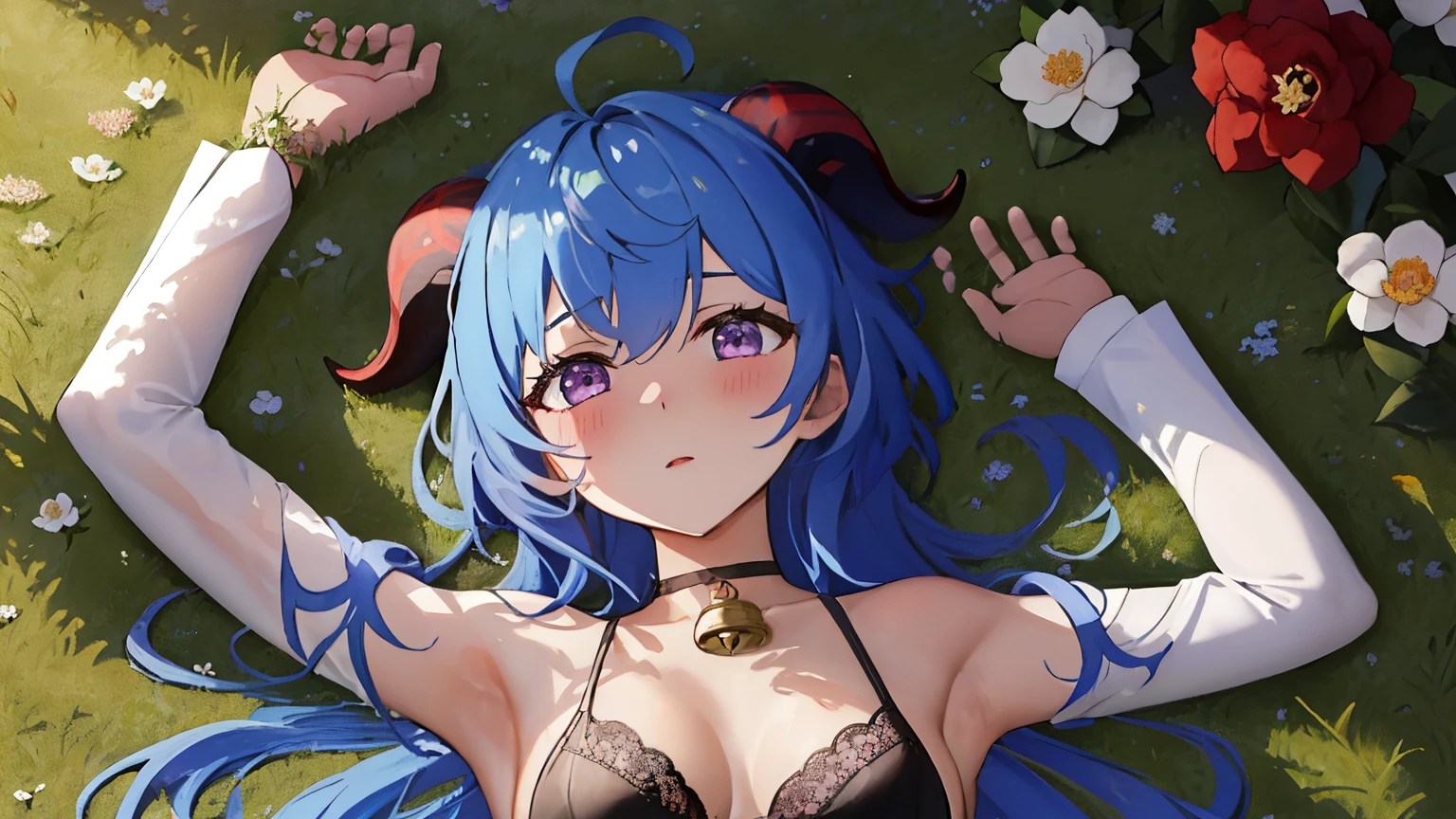 blue_hair, long_hair, bangs, horns, purple_eyes, ahoge, breasts, blush, goat_horns, sidelocks, bell, upper_body, medium_breasts, large_breasts, neck_bell, ((masterpiece)), (Professional Photography:1.2), camelliamix, from above, flat body, Beautiful flowers bloom, (sparkles), (There is a blooming camellia),standing under a tree, (head looking up), Look at the tree, Natural soft light, macaron, Still ethereal, Crisp and smooth lines, radiant morning light, soft luminescent glow, armpit peek