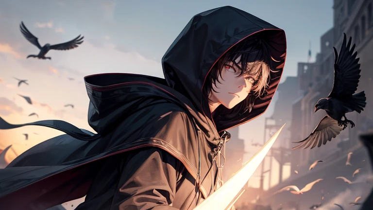 Man Wearing a Hood、Has a big sickle、brown skin、White eyes、Glaring eyes、whole body、one person、Less muscle、Crows are flying around