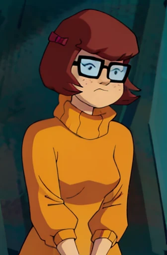 source_cartoon, rating_explicit, Velma Dinkley from scooby doo, ear sex, 1girl, 1boy, hetero, kneeling, uncensored, pants, pants pull, belt, ahegao, BREAK white dick, adult, human, white testicles, score_9, score_8_up, score_7_up, score_6_up, score_5_up, score_4_up