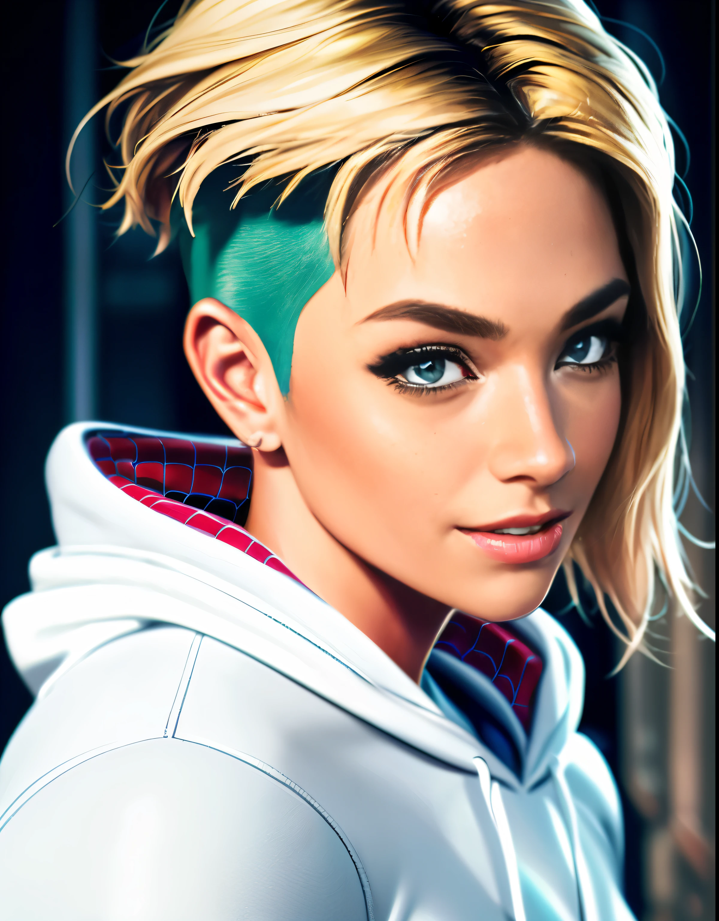 (masterpiece), ((best quality)), parted lips, light_smile, cinematic lighting, ultra-realistic, ((realistic)), (gwen_stacy), blonde_hair, short_hair, solo, sidecut, asymmetrical_hair, parted_lips, eyebrow_piercing, (detailed face), beautiful 1girl, 1girl, looking at viewer, (beautiful detailed eyes), bodysuit, spider-suit, white hoodie, hood_down, portrait, upper_body, (side of head shaved), (small breasts)