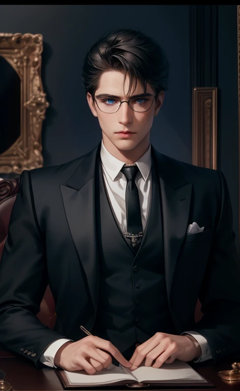 (masterpiece,highest quality,ultra_be familiar with,High resolution,disorganized),1 Mature males, 30-ish, (wide shoulders), (muscular), male focus, alone, black hair, Lock, shirt, black tie, tie, simple background, blue eyes, Upper body, vest, short hair, looking at the viewer, parted lips, collared shirt, round glasses, long sleeve, black shirt, black vest, monocle, jewelry, lawyer, court background.