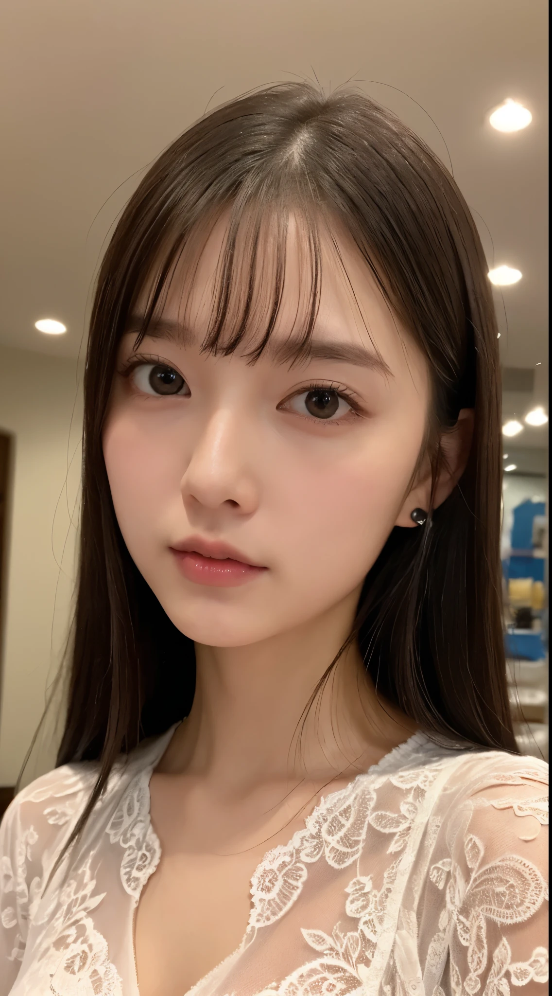 ((top quality、8k、Masterpiece:1.5))、a girl、(Unhealthy face)、(Send a letter)、blunt bangs、(Lots of bangs:1.3)、(Whole BodyEsbian:1.4)、(symmetrical face)、Super detailed face、Super detailed mouth、delicate eyes、Detailed ears、face slimming、(self-shot:1.3)、(Off the shoulders)、(armpit)、(Look up)、(from above)、(Long straight hair、ahog:1.3)、(Upper eyes)、background blur、(t-shirt、Lace fabric underwear:1.3)、(I can see cleavage:0.7)、lip gloss、(beauty salon)、(Turn off the lights)、