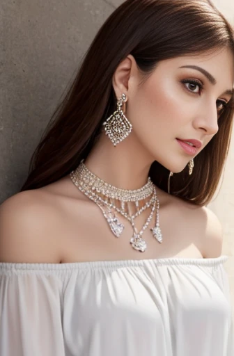 Lebanese woman, diamond dangling earrings, necklace, bracelets, small breasts, 40 years old, innocent face, white off-shoulder, pants, shirt