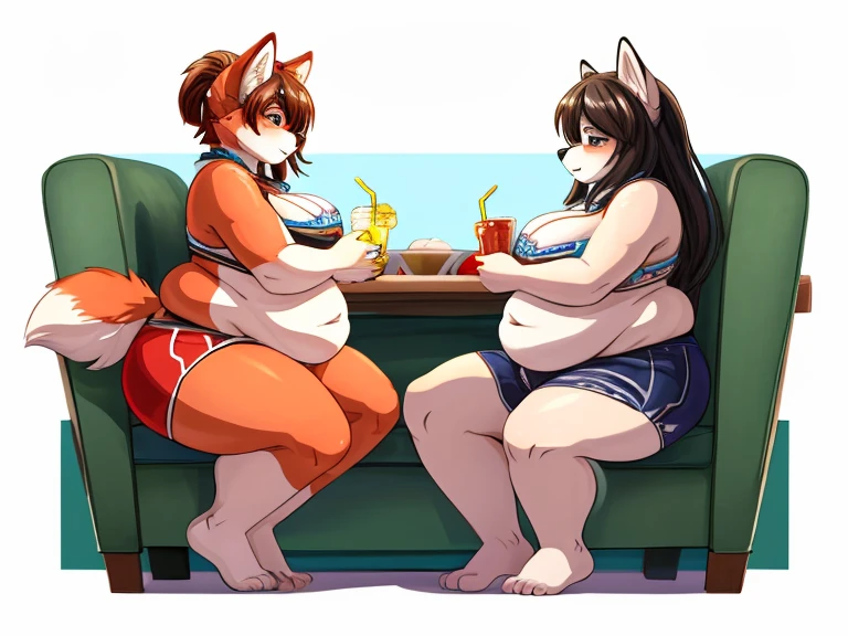 {Side view} a couple of furry two young girl and a furry young boy in a treehouse try to endure a blazing heatwave by eating plenty of ice cream (most of which has unfortunately already melted) and drinking lemonade {[girls: canine, anthro, strong arms, definited muscles, huge thighs, wide hips, chubby belly]}, {[boy: canine, anthro, fat, (morbity obesity:1.4) fat legs, fat belly, drinking lemonade by the pitcher, bigger than the couch, fat, fat belly, round belly, stuffed, sitting, hands on belly]} looking each other, barefoot, shorts, underwear, size difference, same age