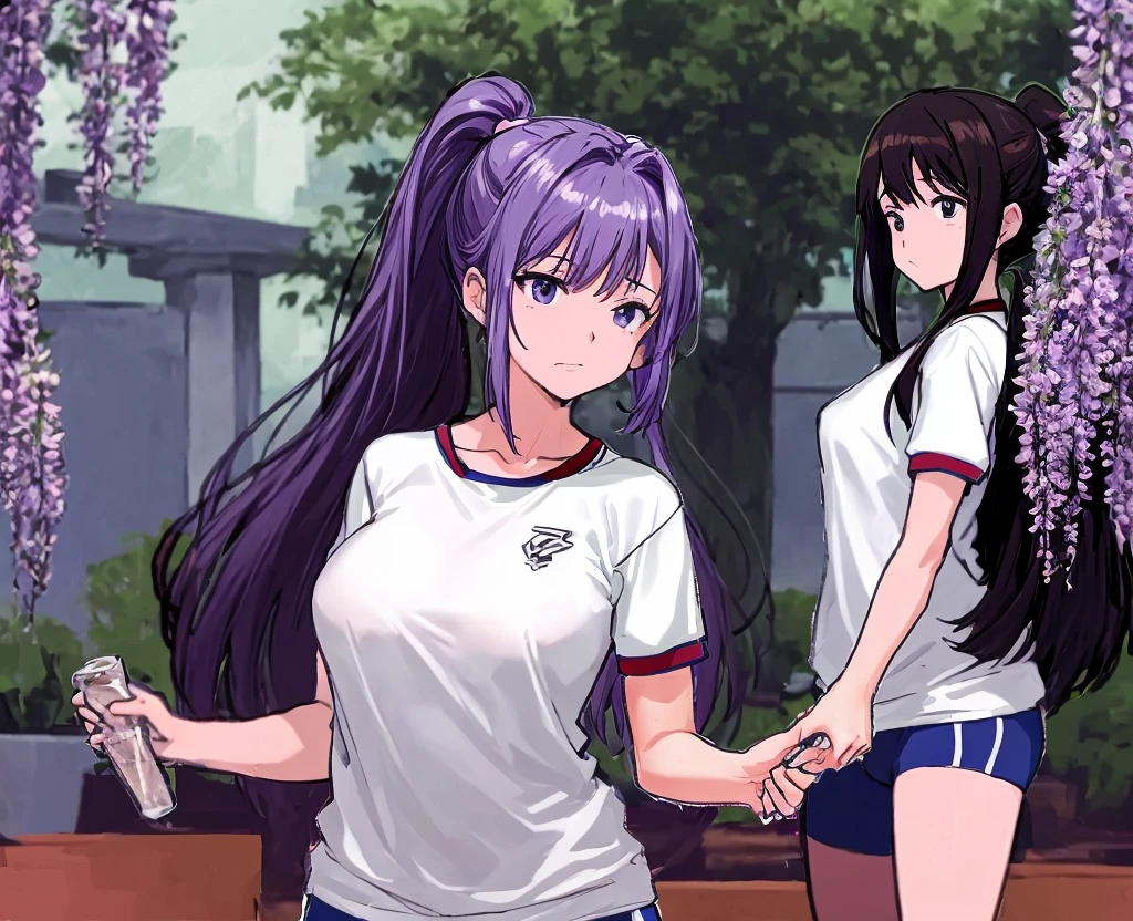 A beautiful woman with a mature face and long wisteria-purple hair tied in a ponytail with a pale pink ribbon.。White gym clothes。dark blue buruma。