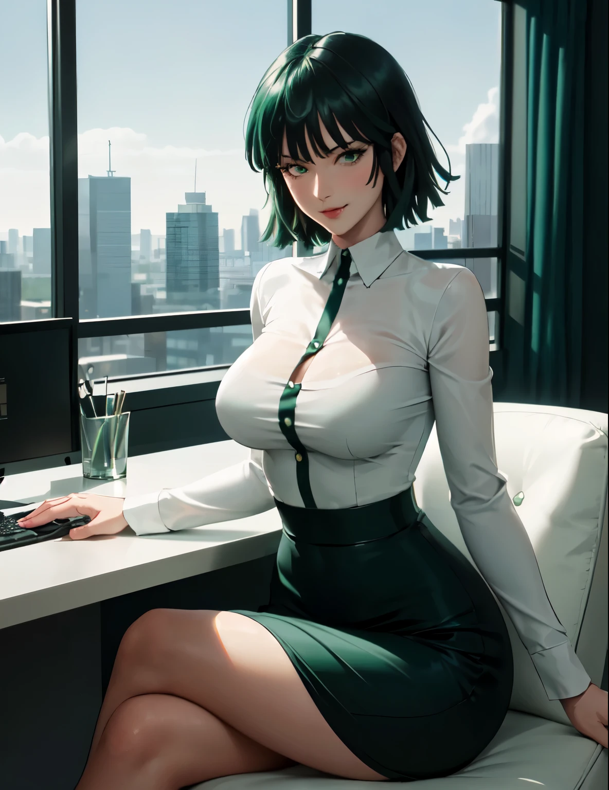 1lady sitting (crossed legs), sexy ,office worker (stylish outfit), mature female, Fubuki from one punch man, /(green hair/), blush kind smile, (masterpiece best quality:1.2) delicate illustration ultra-detailed, (modern office indoors), window cityscape, detailed background