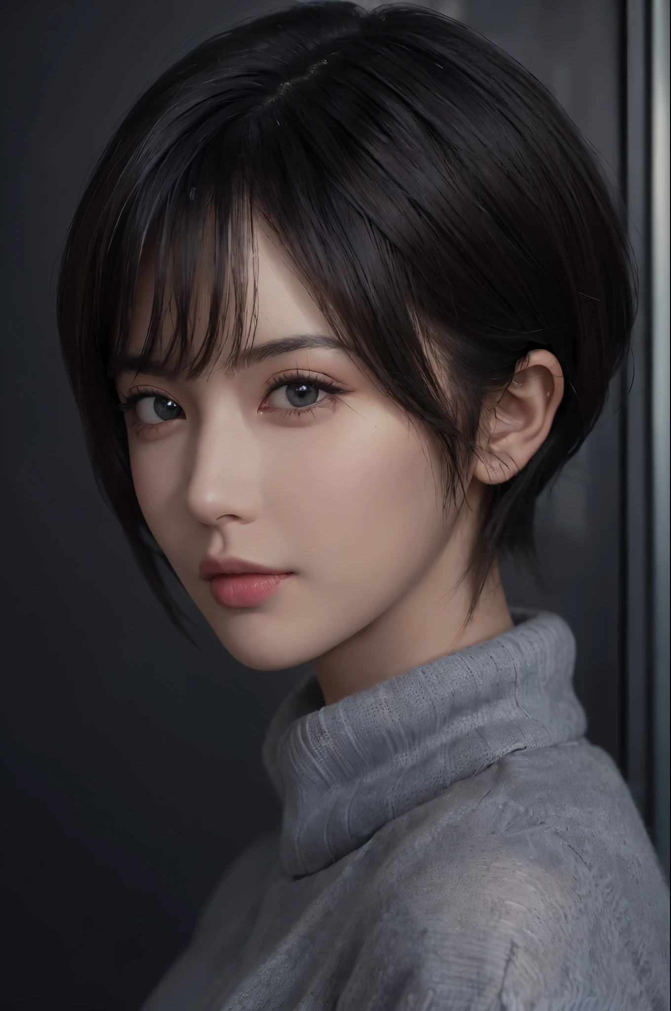 (masterpiece:1.3), (8k, photorealistic, RAW photo, best quality: 1.4), (1girl), beautiful face, (realistic face), (black hair, short hair:1.3), beautiful hairstyle, realistic eyes, beautiful detailed eyes, (realistic skin), beautiful skin, (sweater), absurdres, attractive, ultra high res, ultra realistic, highly detailed, golden ratio