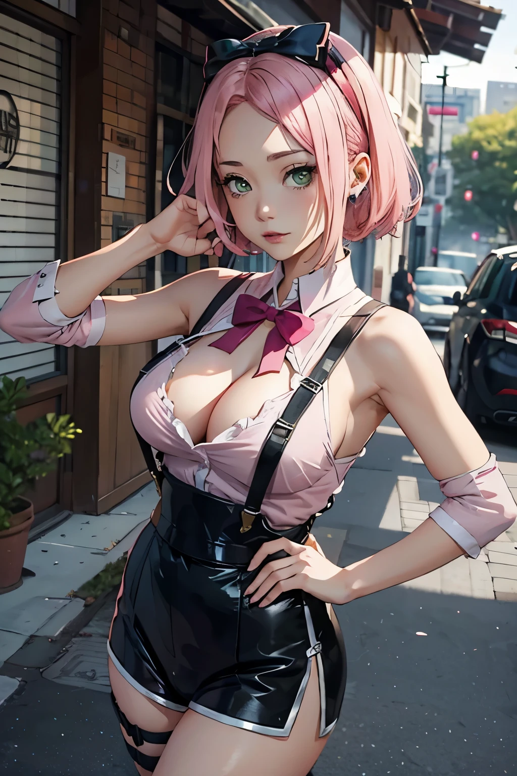 Pink hair、watching at viewers , black suspenders , Bulging big breasts , joint her hand and saying please,head bow little