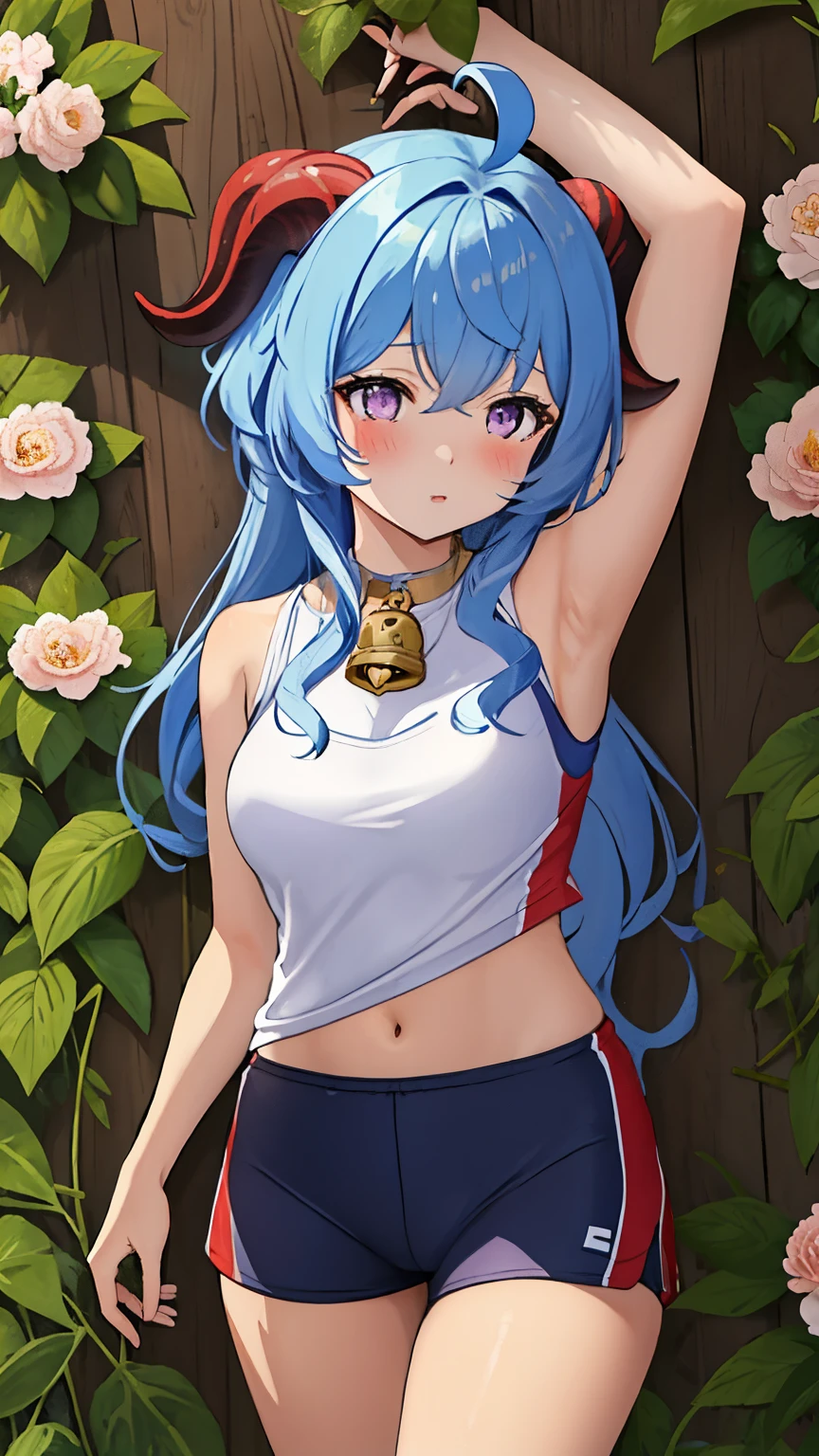 blue_hair, long_hair, bangs, horns, purple_eyes, ahoge, breasts, blush, goat_horns, sidelocks, bell, medium_breasts, large_breasts, neck_bell, ((masterpiece)), (Professional Photography:1.2), camelliamix, from above, flat body, Beautiful flowers bloom, (sparkles), (There is a blooming camellia)，standing under a tree, (head looking up), Look at the tree, Natural soft light, macaron, Still ethereal, Crisp and smooth lines, radiant morning light, soft luminescent glow, armpit peek, sport wear, short pants, jacket, tan lines