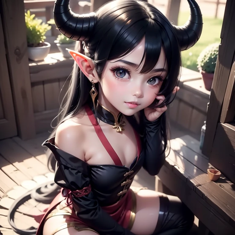 1 elf girl, black hair wears the traditional Chinese “ox horns” hairstyle, black eyes, thin lips, eyes with yellow pupils, small breasts, wearing a black maid outfit