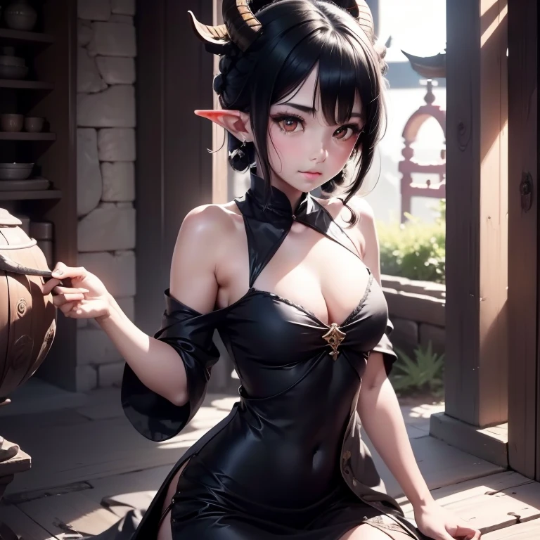 1 elf girl, black hair wears the traditional Chinese “ox horns” hairstyle, black eyes, thin lips, eyes with yellow pupils, small breasts, wearing a black maid outfit