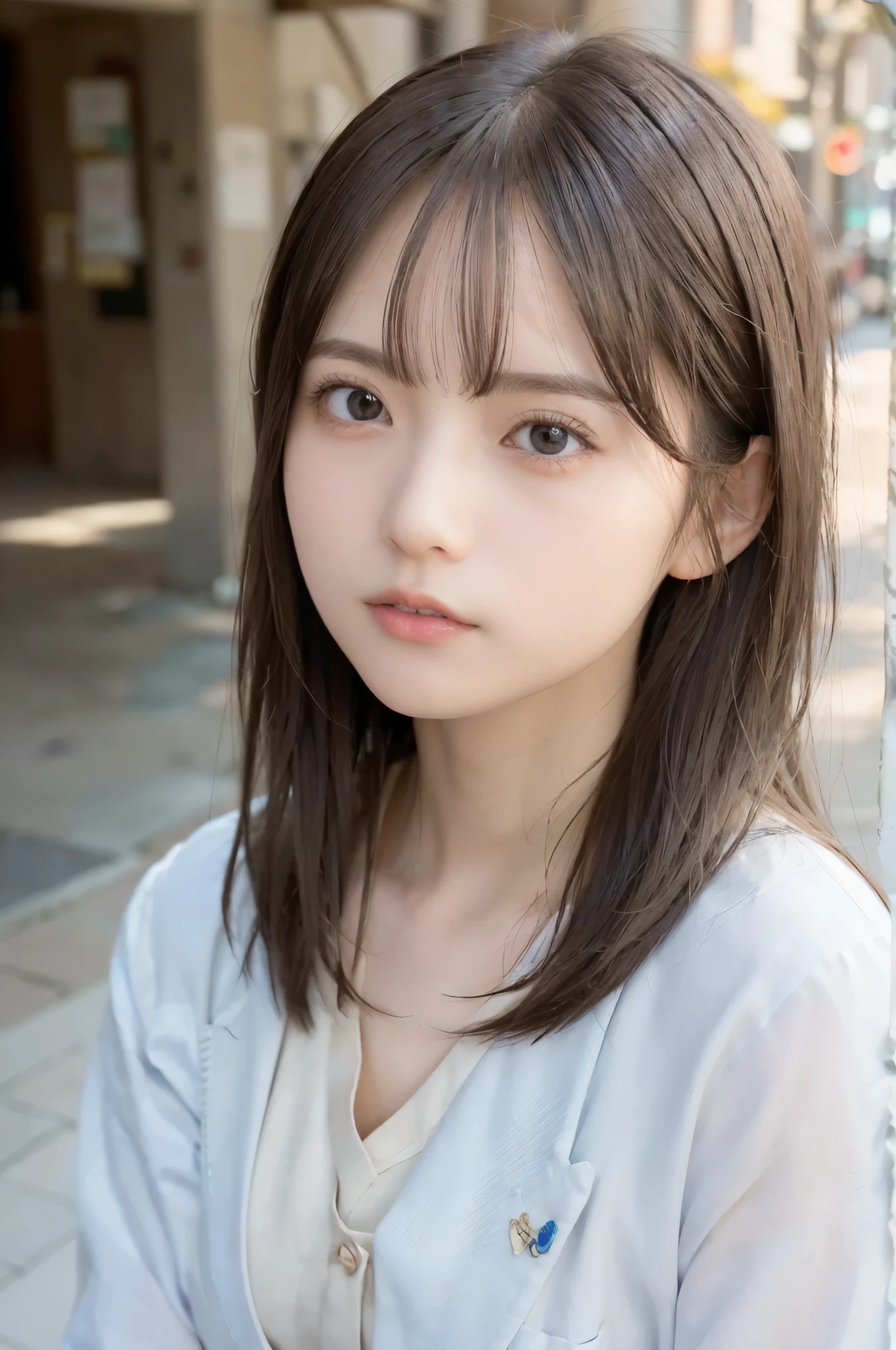 employment, 阳Light, 背Light, ((Light, Light线追踪)), (masterpiece),((Super detailed)), (Highly detailed CG illustrations), (best quality:1.2),(1 girl:1.2),High quality texture, intricate details, Detailed texture, High quality shadows, realistic facial expressions, Delicate, beautiful and delicate face, Delicate, beautiful and delicate eyes, brown eye pupils, Perfectly proportioned face, depth of field, view,20s, 有Light泽的嘴唇, Perfect body, Medium chest, clearly_image, focus only, (brown hair), (((Pomeran straight hair hairstyle))), (Delicate and beautiful eyes and delicate face), Light源对比度, ((medium hair)), 21 years old, Tokyo street background,  suit style, Bespoke suits, formal shirt, tie, Pocket squares, dress鞋, Cufflinks, dress, Medium chests,