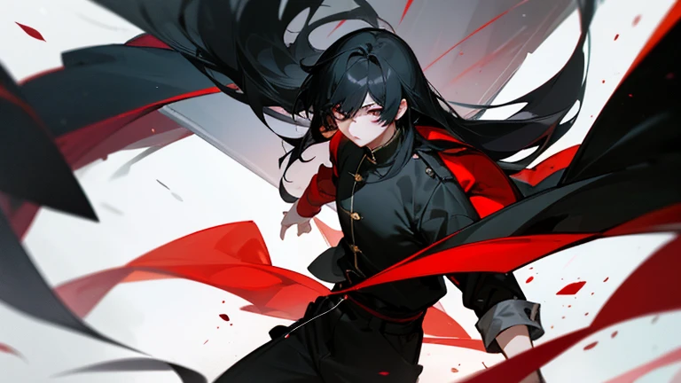 1boy, solo, black hair, long hair, red eyes, casual clothing, imposing