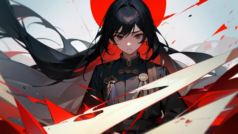 black hair、long hair、Mao Xianqing、white skin、high school student、17 years old、black eyes、narrow eyes、Expressionless、Leanness、male、one person、Blood、sharp look、