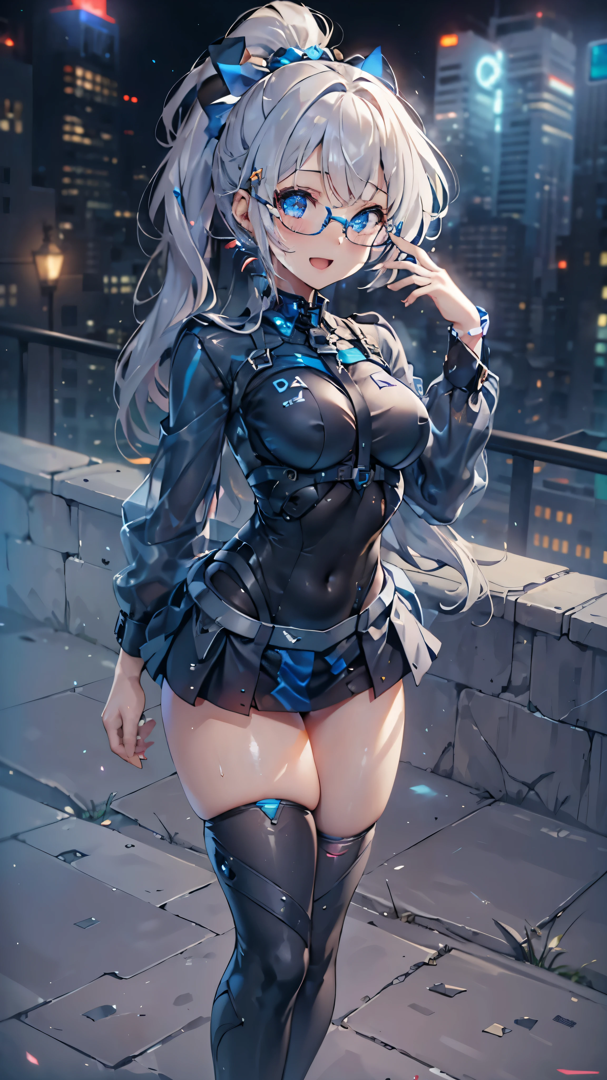 woman,,,city,night,(((white and blue tight miniskirt bodysuit))),,open mouth smile((See-through))Glasses,((Beautiful long ponytail)),((baby girl bohape))