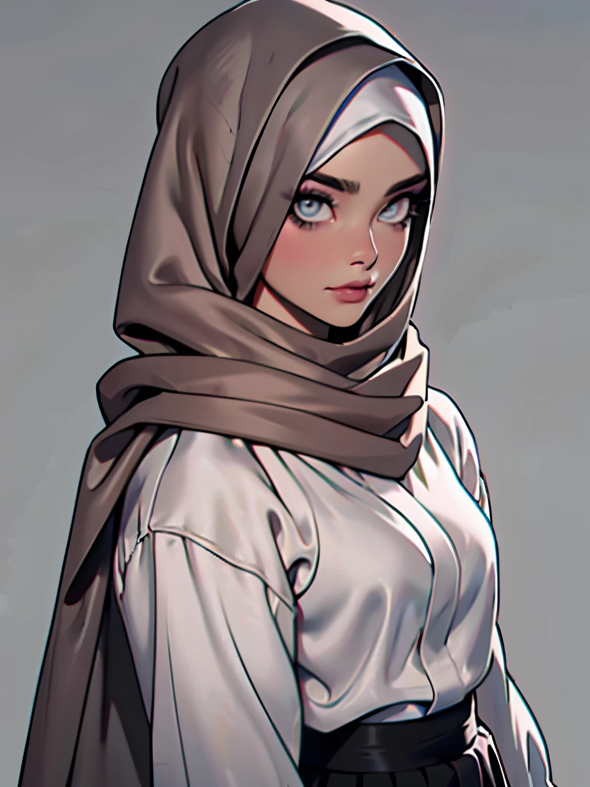 (Masterpiece, best quality) detailed, character sheet, ((a woman, beautifully makeup, eyeshadow, beautiful big eyes, long eye lashes, wearing (Taupe satin hijab), ((gray satin shirt)), satin long maxi skirt)), photography, detailed skin, realistic, photo-realistic, 8k, highly detailed, full length frame, High detail RAW color art, diffused soft lighting, shallow depth of field, sharp focus, hyperrealism, cinematic lighting, yokai illustration style, Aztec art, style artgerm, full of details. Standing Symmetric Centre, facing the viewer, gray background.