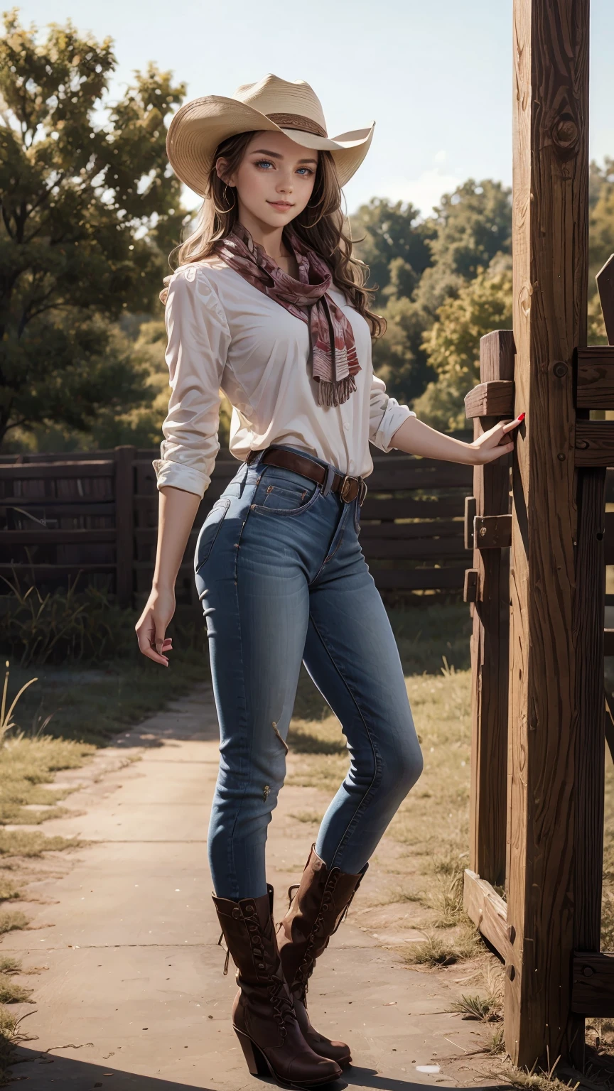 highest quality、masterpiece、ultra high resolution、24 year old white female、Hair color is brunette and purple gradation color、blue eyes、long hair、my hair is wavy、hair up style、smile、Slender but well-proportioned feminine body、wearing red nail polish、wearing a frilly blouse、wearing skinny jeans、I&#39;m wearing boots that cowboys wear.、I&#39;m punching my chest、wearing a cowboy hat、I&#39;m wearing a scarf around my neck、on a farm in america、I&#39;m holding the brim of my cowboy hat in my hand.