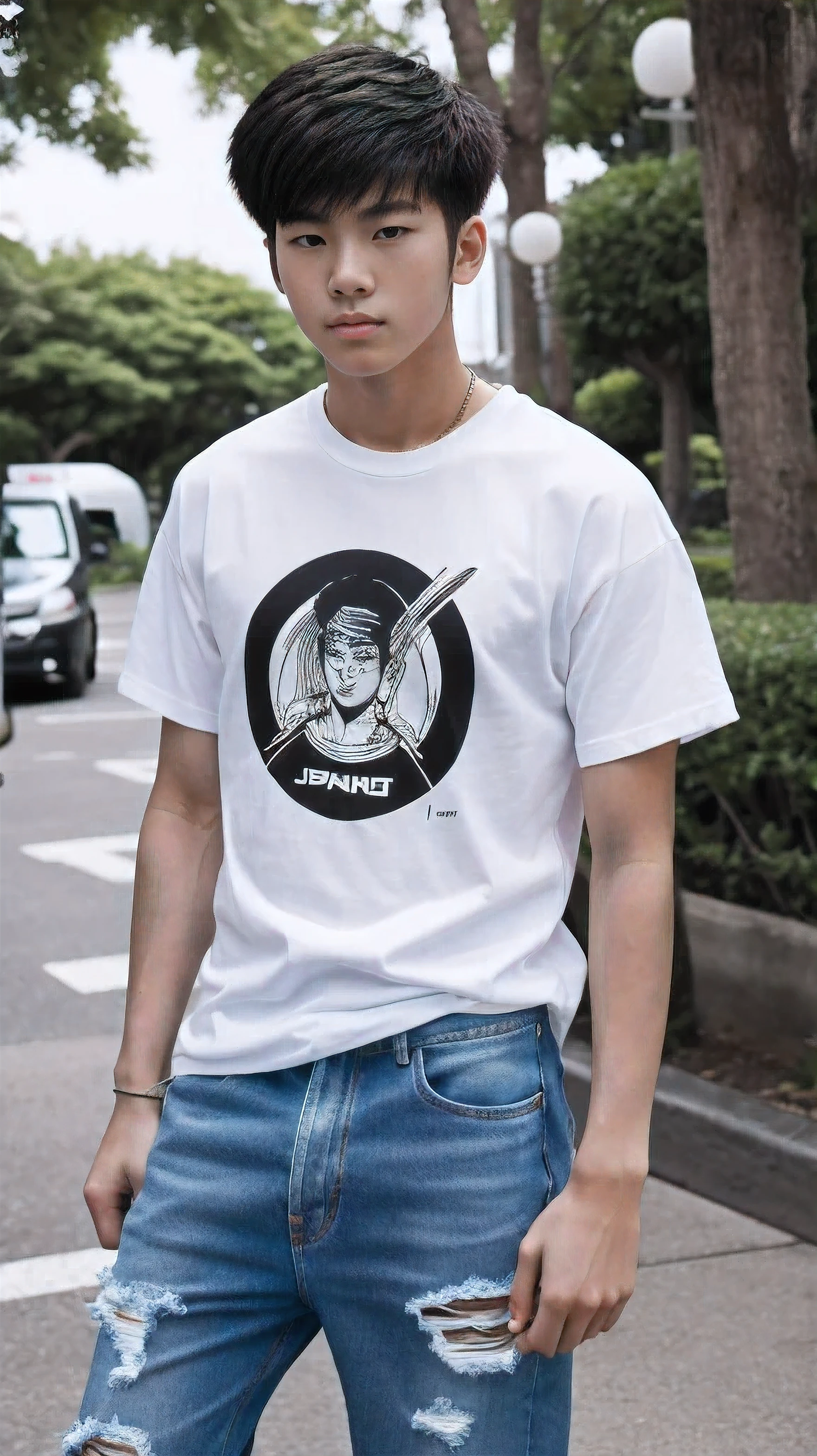 Portrait of a Japanese man, alto e musculoso, ATHLETIC BODY, street style hair catalog magazine, Matching graphic t-shirt。Pair with ripped jeans and high-top sneakers。