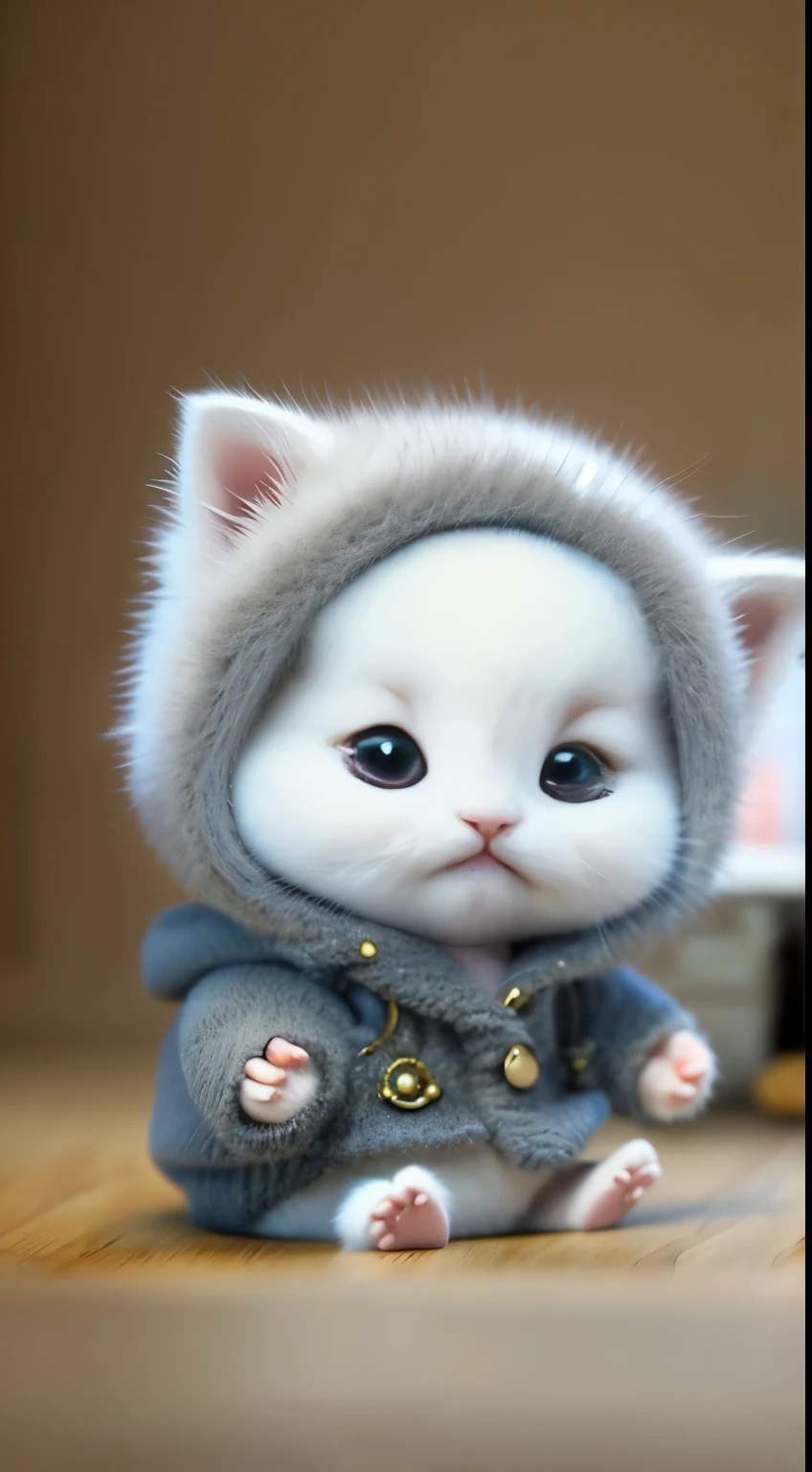 kitten in clothes， miniature kitten， Animal focus， bearded， realistic， POV Hand， ambiguous background，smile，interesting、