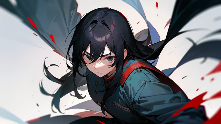 black hair、long hair、Mao Xianqing、white skin、high school student、、black eyes、Expressionless、Leanness、male、one person、Blood、sharp look、Hinomaru、uniform、battlefield