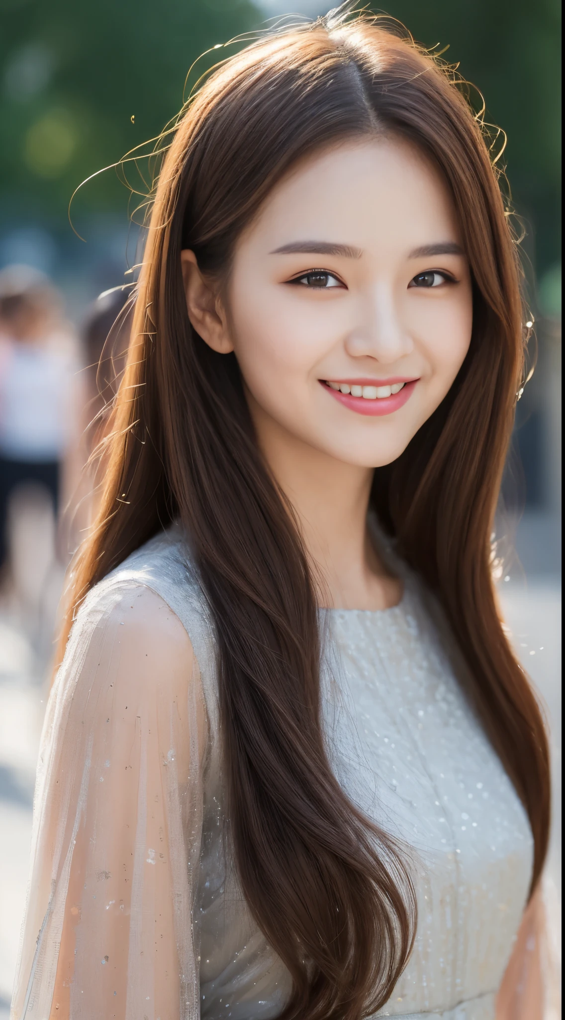 ((Best quality, 8k, Masterpiece :1.3)), 1girl, smiling, full body, slim face, Pretty woman, (Dark brown hair), full length dress :1.1, Ultra-detailed face, Detailed eyes, Double eyelid, blur background, slim face, city, outside, street,