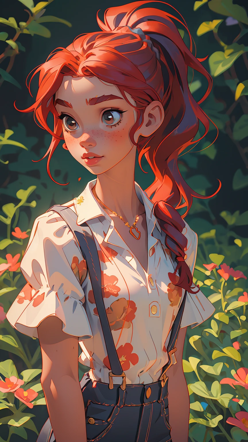 (masterpiece, best quality), 1girl, collarbone, wavy hair, looking at viewer, blurry, upper body, necklace, suspenders, floral print, ponytail, freckles, red hair, sunlight,