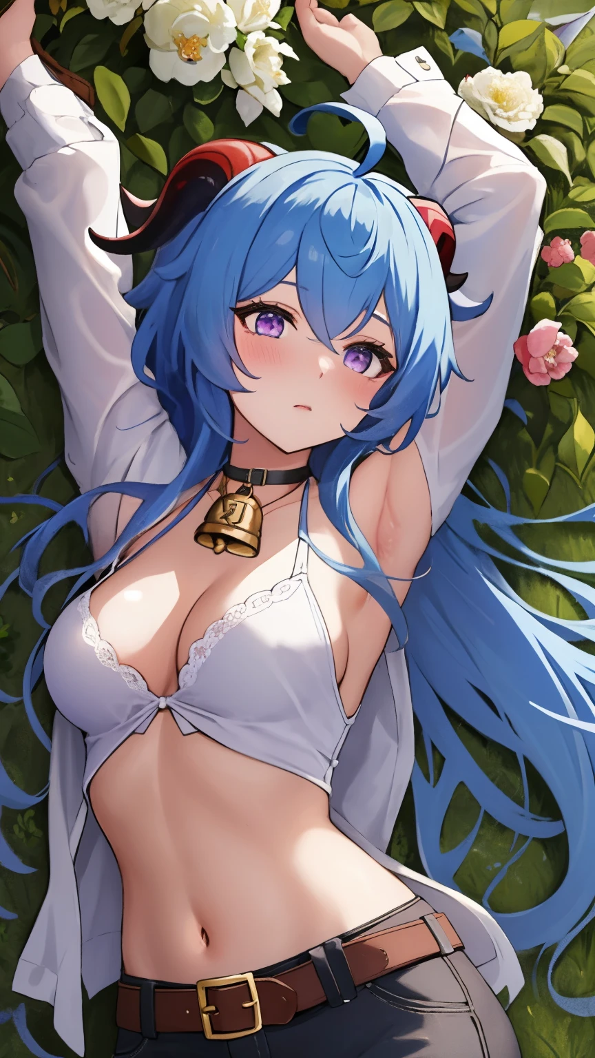 blue_hair, long_hair, bangs, horns, purple_eyes, ahoge, breasts, blush, goat_horns, sidelocks, bell, medium_breasts, large_breasts, neck_bell, ((masterpiece)), (Professional Photography:1.2), camelliamix, from above, flat body, Beautiful flowers bloom, (sparkles), (There is a blooming camellia),standing under a tree, (head looking up), Look at the tree, Natural soft light, macaron, Still ethereal, Crisp and smooth lines, radiant morning light, soft luminescent glow, armpit peek, casual clothes, jacket, gather belt