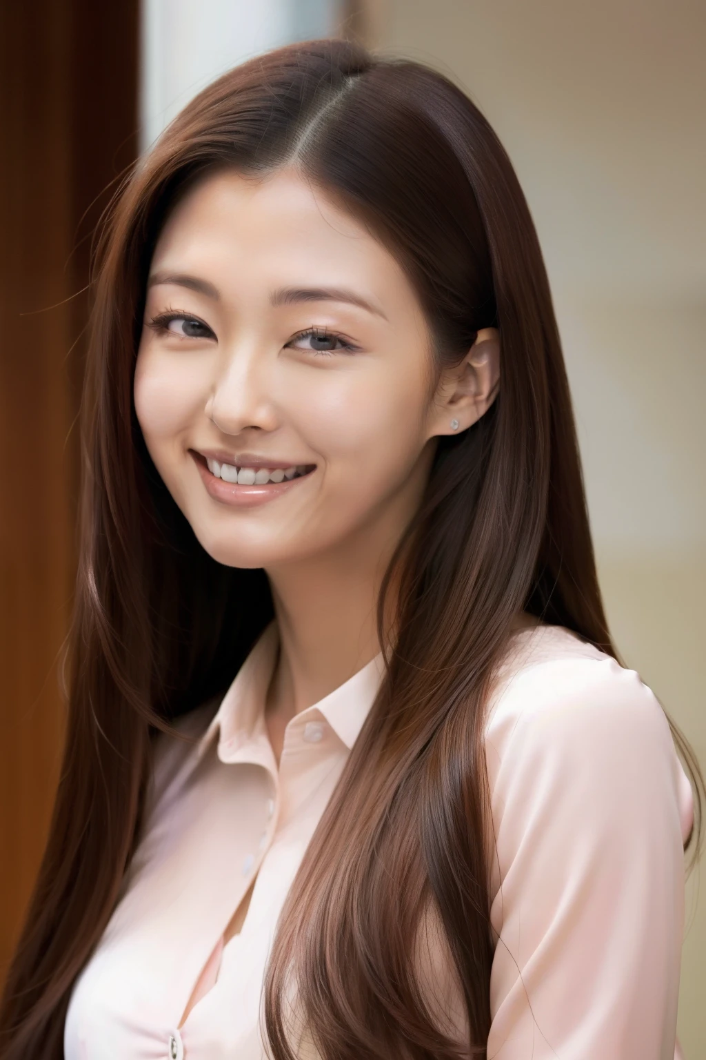 arafed asian woman (Heather Kim) with long brown hair smiling at the camera, gorgeous young korean woman, young adorable korean face, beautiful young korean woman, young cute wan asian face, asian beautiful face, beautiful south korean woman, korean face features, beautiful young asian woman, asian girl with long hair, smiling fashion model face, korean girl, beautiful asian girl, a young asian woman, pink blouse