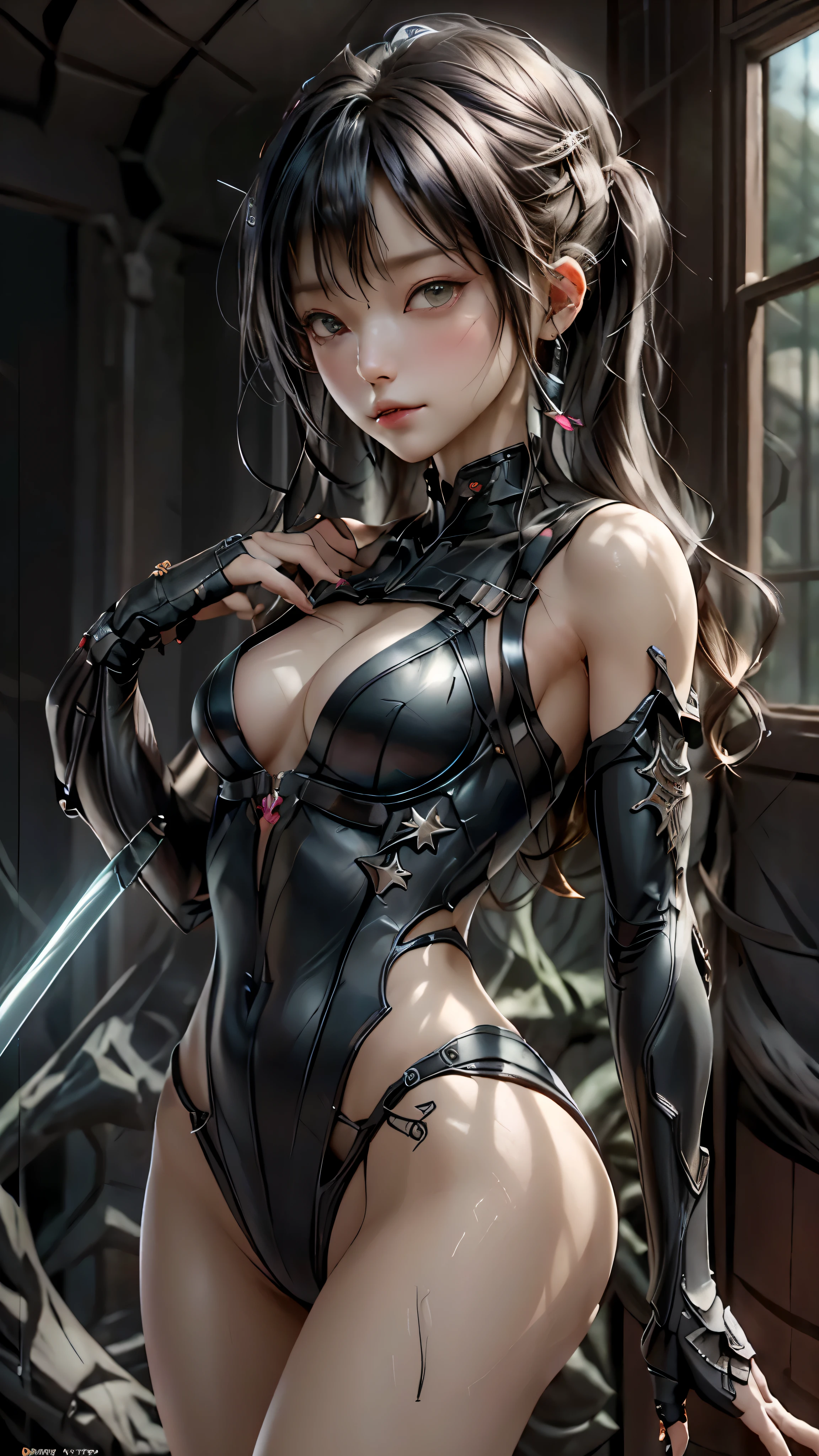 ((highest quality)), ((masterpiece)), (be familiar with:1.4), 。.。.。.3D, beautiful cyberpunk woman image,nffsw(high dynamic range),ray tracing,NVIDIA RTX,super resolution,unreal 5,scattered below the surface,PBR texturing,Post-processing,anisotropic filtering,written boundary depth,maximum clarity and sharpness,multilayer texture,Albedo and specular maps,surface shading,Accurate simulation of light-matter interactions,perfect proportions,octane rendering,two-tone lighting,wide aperture,Low ISO、White balance、Rule of thirds、8,000 students、((Holding a sword in your hand))