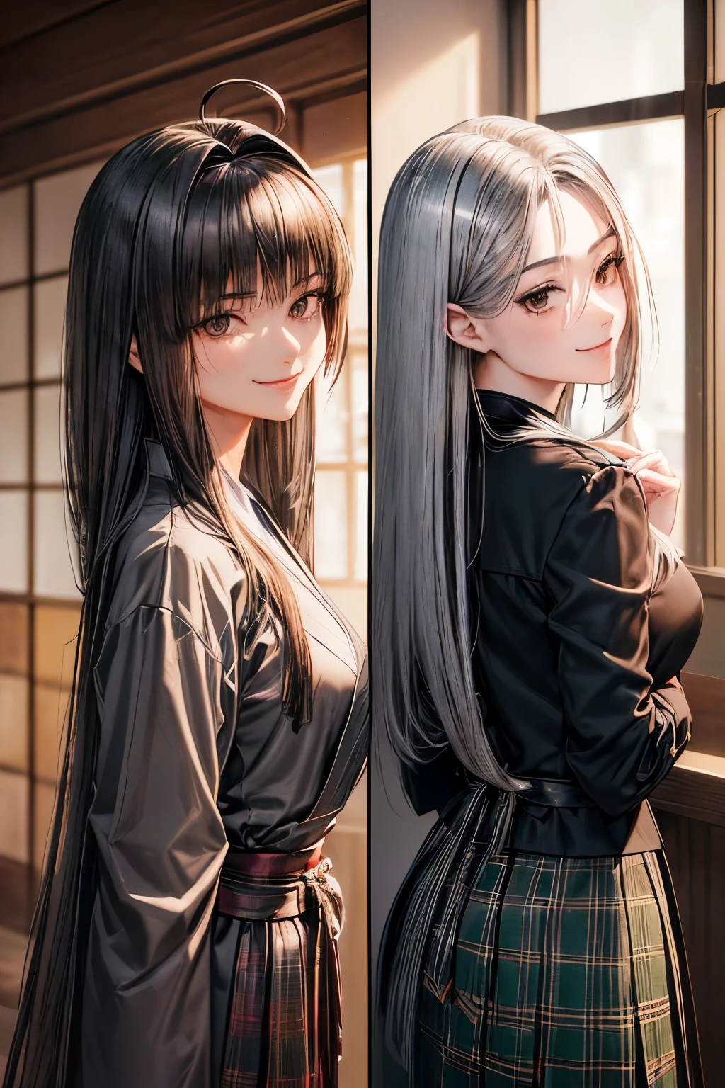 A 22 years old Japanese girl ((slender, small breast)), silver extra very short ponytail((left side forelock is long, extra long shaggy forelock:1.4 )), deep green hakama , tartan chesterfield coat, tartan black shirt, smile calmly and interestingly, left hand folds her right hand ,(( crystal brown smiling eyes )), ((looking back pose))