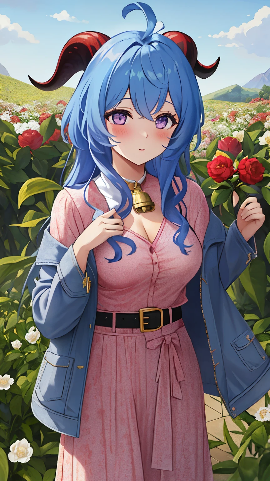 blue_hair, long_hair, bangs, horns, purple_eyes, ahoge, breasts, blush, goat_horns, sidelocks, bell, medium_breasts, large_breasts, neck_bell, ((masterpiece)), (Professional Photography:1.2), camelliamix, from above, flat body, Beautiful flowers bloom, (sparkles), (There is a blooming camellia),standing under a tree, (head looking up), Look at the tree, Natural soft light, macaron, Still ethereal, Crisp and smooth lines, radiant morning light, soft luminescent glow, (((casual clothes, jacket, gather belt)))