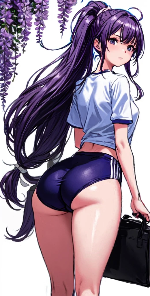 an anime girl in tight blue and black shorts showing a lot of underwear, 1girl, yuuka (blue archive), ass, solo, buruma, long hair, purple hair, from behind, jacket, white background, official alternate costume, simple background, blue jacket, ass focus