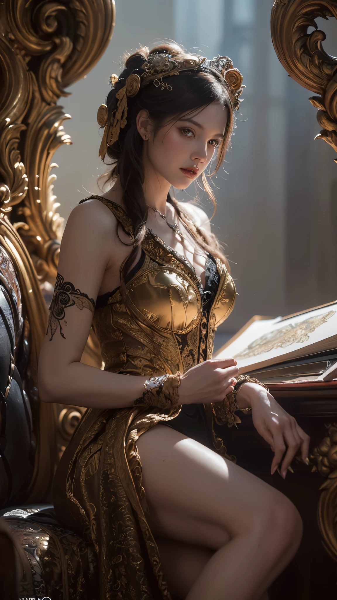 by Gerald Brom and by Adi Granov,(hand-drawn overlays ,Neo-Rococo but extremely beautiful:1.4),(intricate details, masterpiece, best quality:1.4),highly professional photography,glamourous and luxurious setting,dramatic lighting ,looking at viewer, dynamic pose