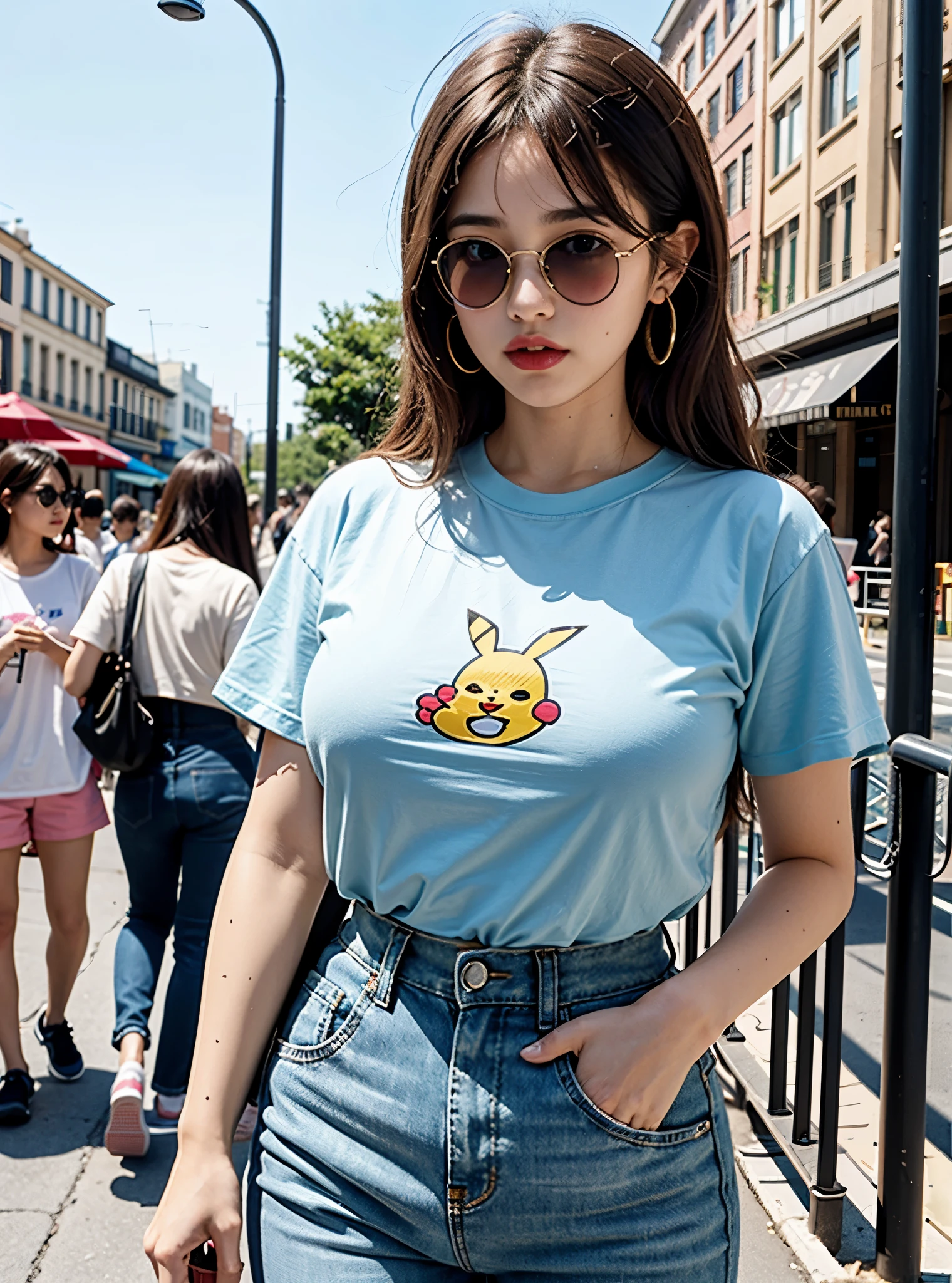 A teenage girl, wearing headphones, no one else in the background, delicate features, big eyes, wearing sunglasses,sexy lips, cute earrings, sexy body, 9 heads, golden ratio, bangs, tall chest, pink printed T-shirt, denim hot pants, canvas shoes, vintage style, 90s style, nostalgia style, comic book style, magazine covers Pikachu T-Shirt
pikachu
yellow shirt
medium breasts
midriff, a very pretty girl,The background is a busy street,Du Qiong,Anime 5 sleep,computer graphics,sots art,big and nice chest,Tight chest,Tight clothes,Wearing a light blue tight T-shirt,Various light blue skirts,Square Walk,Ray Tracing,Bright,It's drizzling,Upper Body Close-up, a woman with freckles on her face, freckled pale skin, ginger hair with freckles, light freckles, freckled, freckled face, very light freckles, woman with freckles, red hair and freckles, with freckles, soft freckles, freckles, hint of freckles, freckle, sparse freckles, small freckles, redhead woman, light cute freckles
