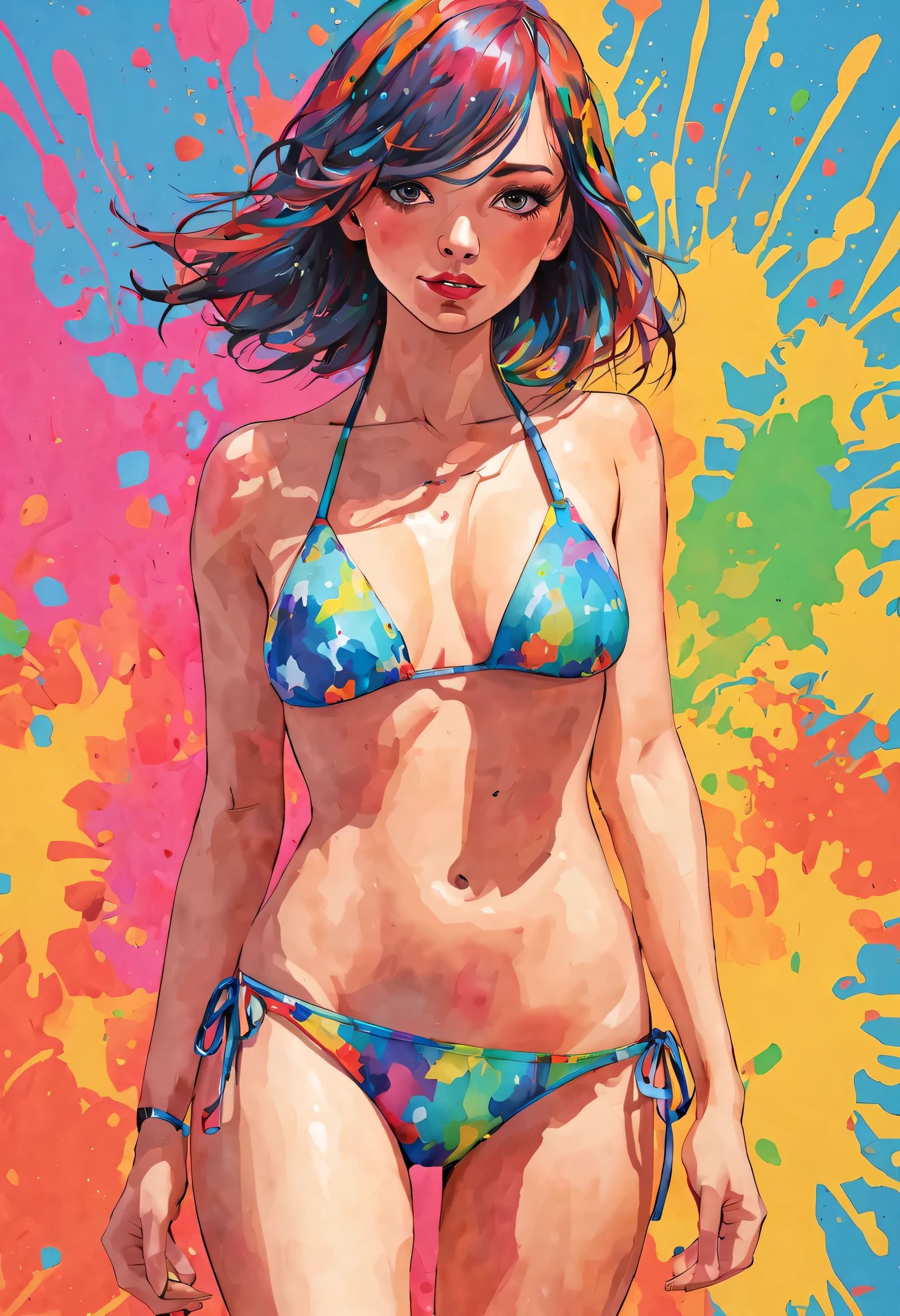 (highest quality、4K、8K、High resolution、masterpiece: 1.2)、Super detailed、(genuine、photogenuineistic、photogenuineistic: 1.37)、Colorful ink splatters on a woman wearing a bikini in front of a wall、bright and vibrant colors、illustration style、playful lighting
