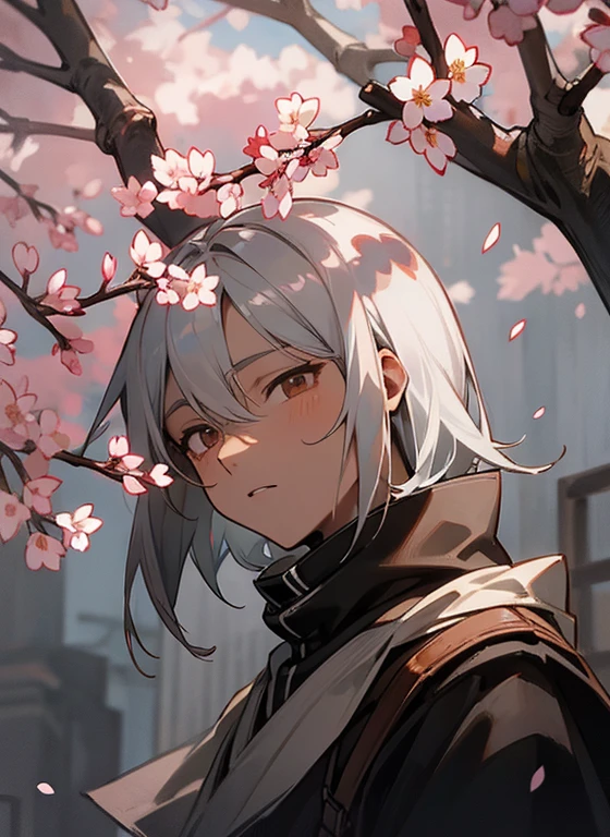 gray hair、white eyes、brown skin、one person、male、dark atmosphere、cherry blossoms