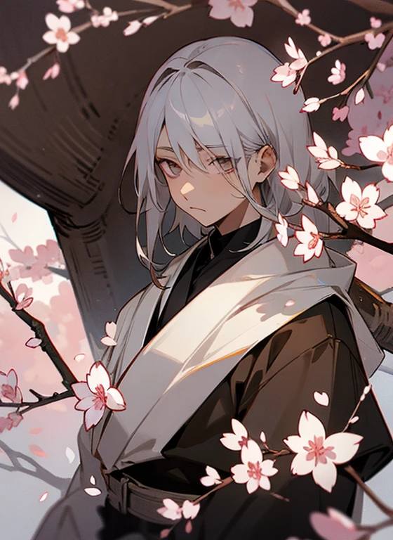 gray hair、white eyes、brown skin、one person、male、dark atmosphere、cherry blossoms