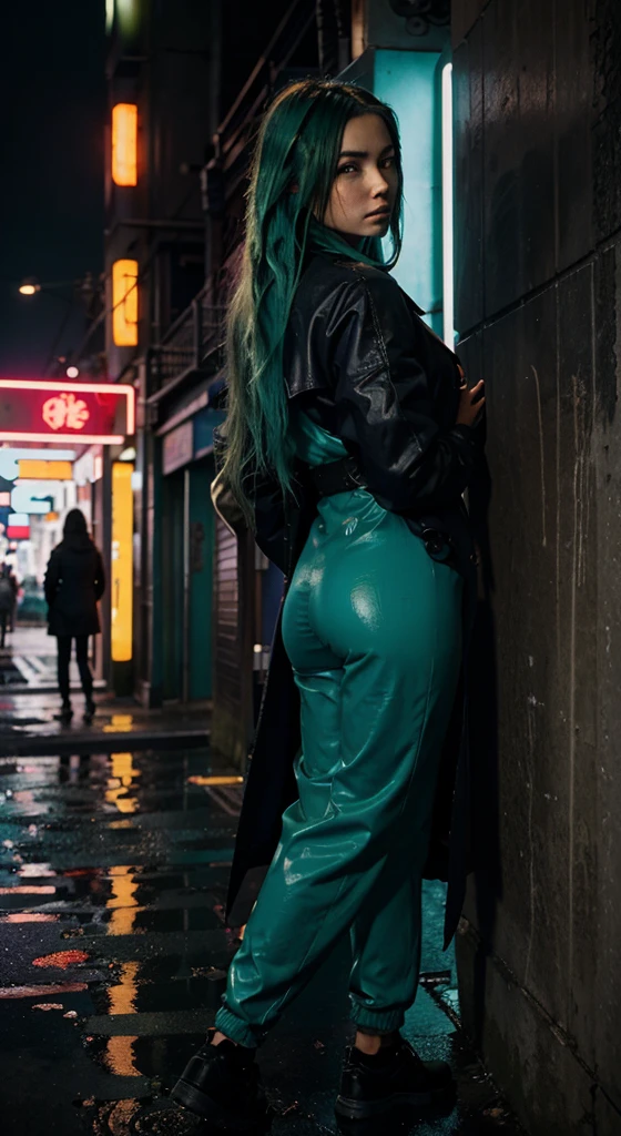 manga style, 1 character facing forward leaning against wall crossed arms, 1 character back towards viewer looking over shoulder, far from viewer, female, girl, blue green hair, purple eyes, long hair, anatomically correct, full body image, beautiful body, bodysuit, trenchcoat, alleyway with red neon graffiti, heavy rainfall, soaking wet clothing and hair, dystopian cyberpunk city, drop shadow, film grain, vignetting, silhouette,