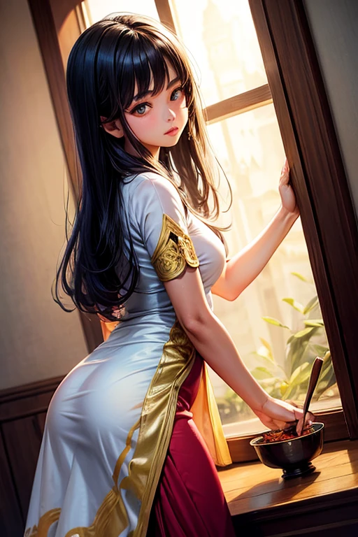 Myanmar girl  big ass Myanmar dress Flower drawing very detail, soft lighting glow effect, cinematic look, beautiful hair