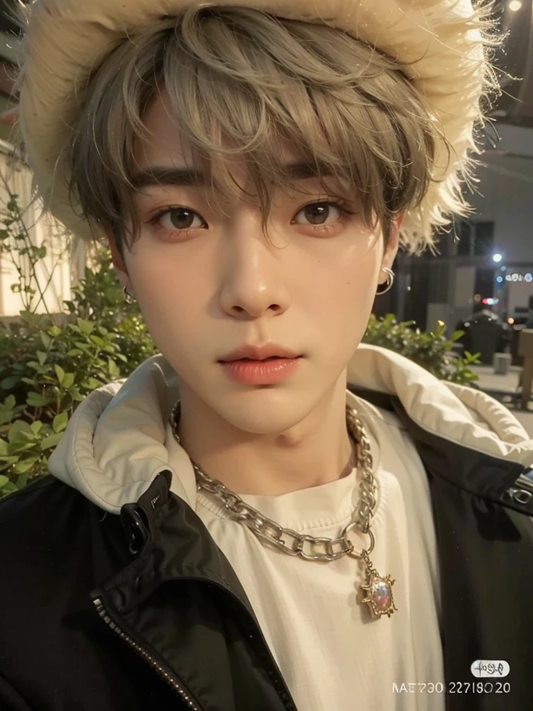 un primer plano de una persona que lleva un gorro de piel y un collar, BTS Jeon Jungkook, taken in the early 2020s, pale korean adorable face, hombre surcoreano, labios rojizos, Jungkook 