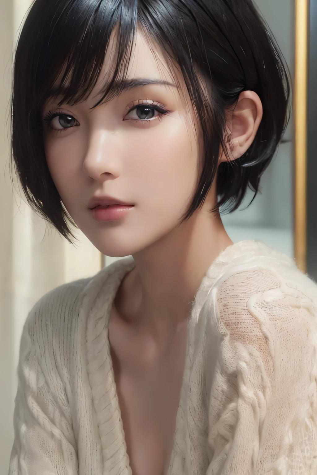 (Masterpiece: 1.3), (8k, Photorealistic, RAW Photo, Best Quality: 1.4), (1girl), Beautiful Face, (Realistic Face), (Black Hair, Short Hair: 1.3), Beautiful Hairstyle, Realistic Eyes, Beautiful Detail Eyes, (Realistic Skin), Beautiful Skin, (Sweater), Absurd, Attractive, Ultra High Definition, Ultra Realistic, High Definition, Golden Ratio, Naked