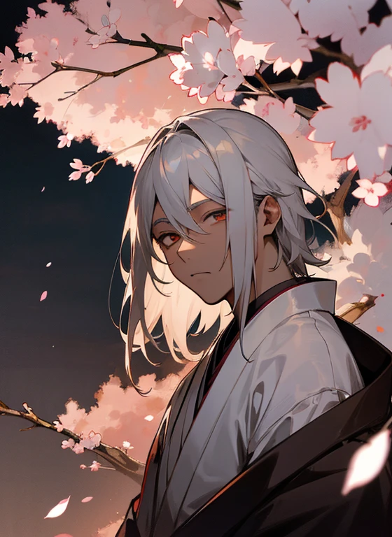 gray hair、white eyes、brown skin、one person、male、dark atmosphere、Cherry blossoms at night、Japanese style、