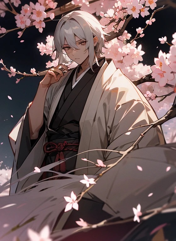 gray hair、white eyes、brown skin、one person、male、dark atmosphere、Cherry blossoms at night、Japanese style、