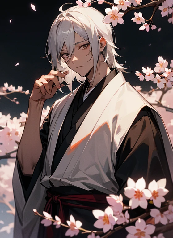 gray hair、white eyes、brown skin、one person、male、dark atmosphere、Cherry blossoms at night、Japanese style、